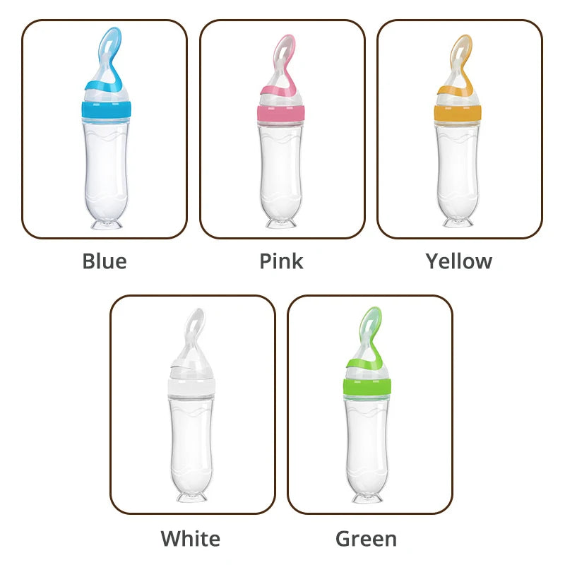 Safe useful silicone bottle with spoon to give your baby more tastes from fruits or food.
