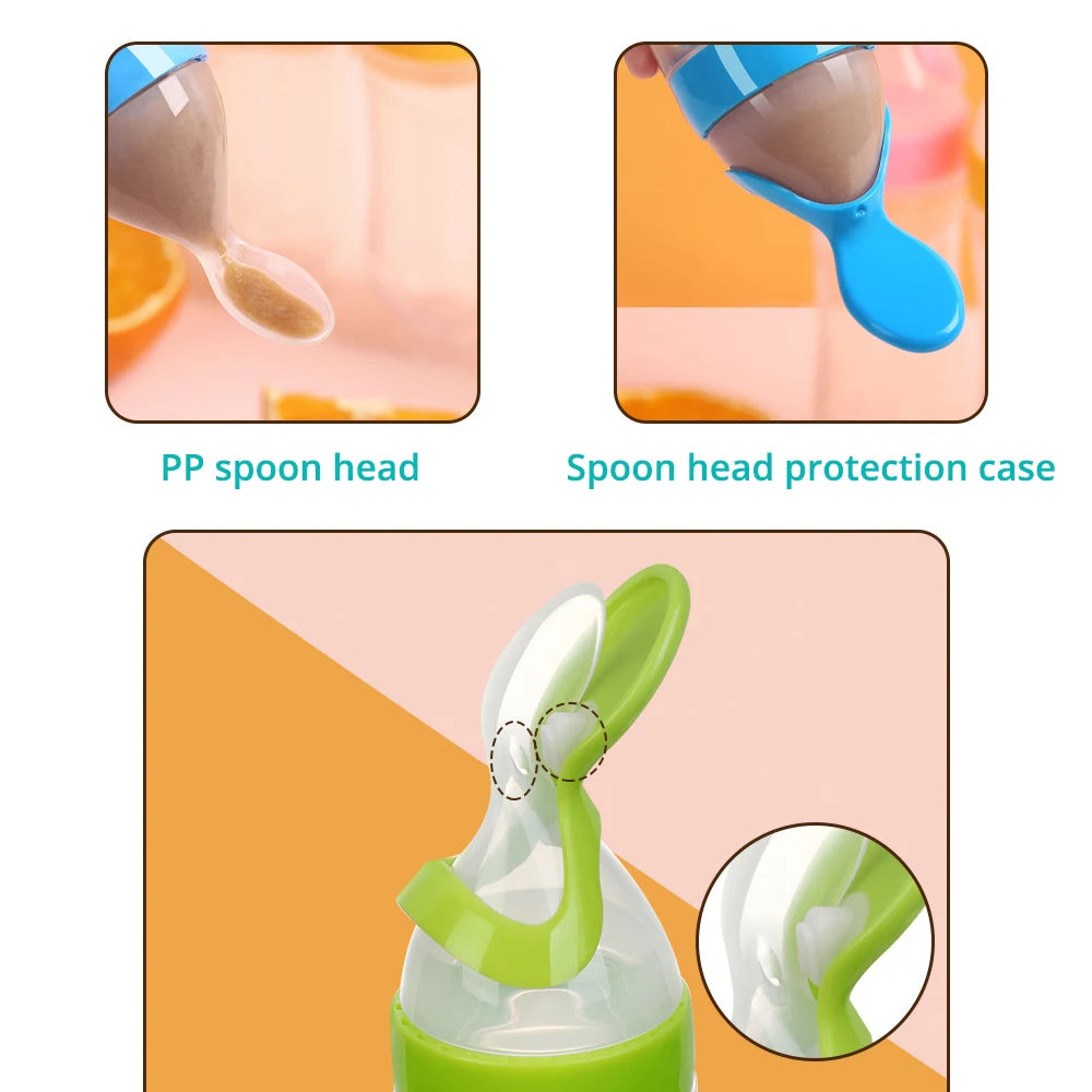 Safe useful silicone bottle with spoon to give your baby more tastes from fruits or food.