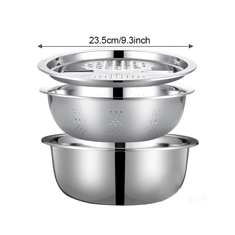 Stainless steel set with integrated grinder, strainer and bowl.
Perfect with all in one, slicing, cleaning and put in your bowl for sallad, fruit and food prepear.