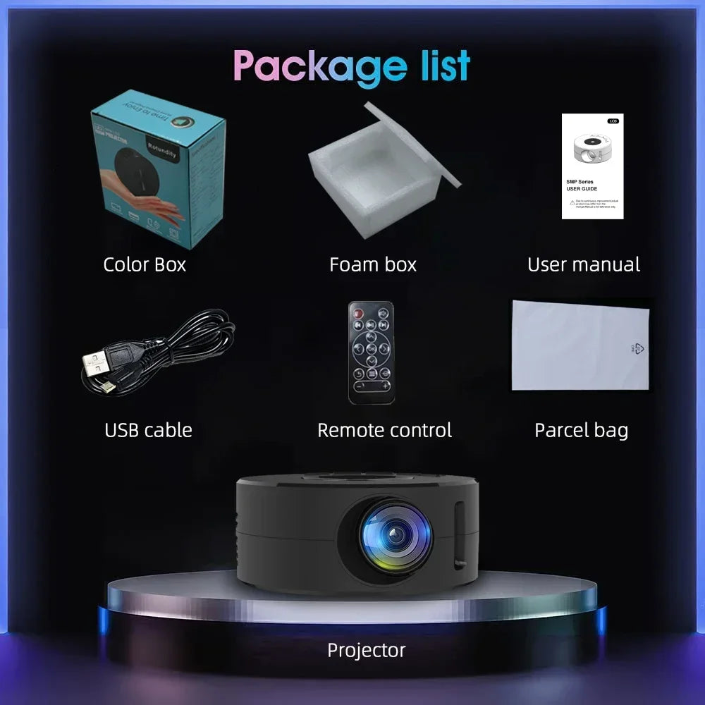 Mini home projector, 180°flexible projection 1080P with USB supports and smartphone screen.
Take the cinema home!