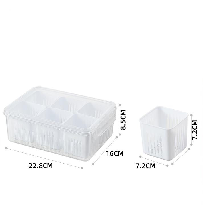 Fruit and vegetable organizer, 6 grids storage to keep food fresh.
In fridge for fresh food or in pantry for dry food.