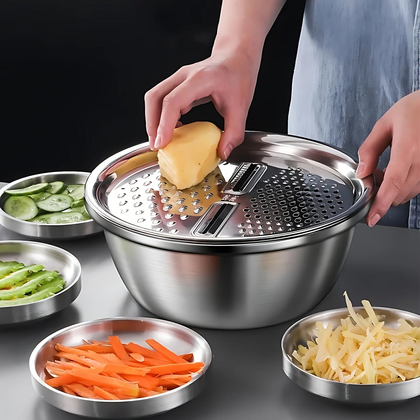 Stainless steel set with integrated grinder, strainer and bowl.
Perfect with all in one, slicing, cleaning and put in your bowl for sallad, fruit and food prepear.