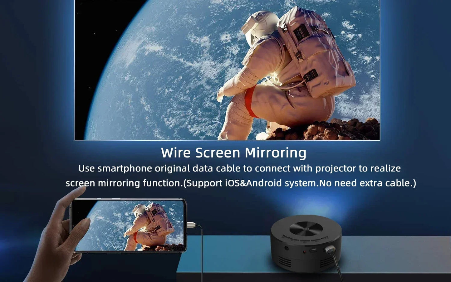 Mini home projector, 180°flexible projection 1080P with USB supports and smartphone screen.
Take the cinema home!