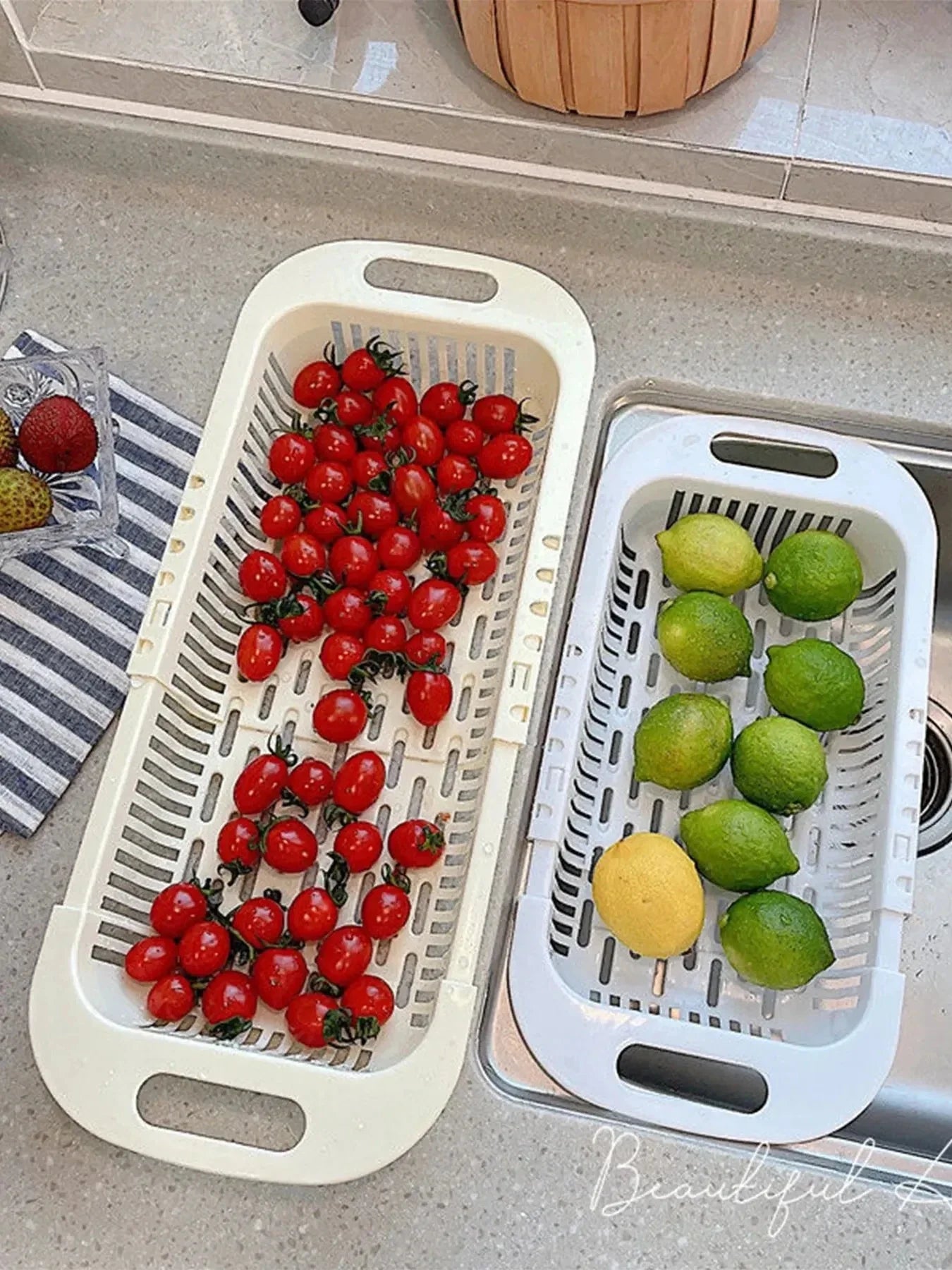 Smart basket for sink in different sizes. Wash vegetables, fruit and all kind of food easily and keep it fresh.