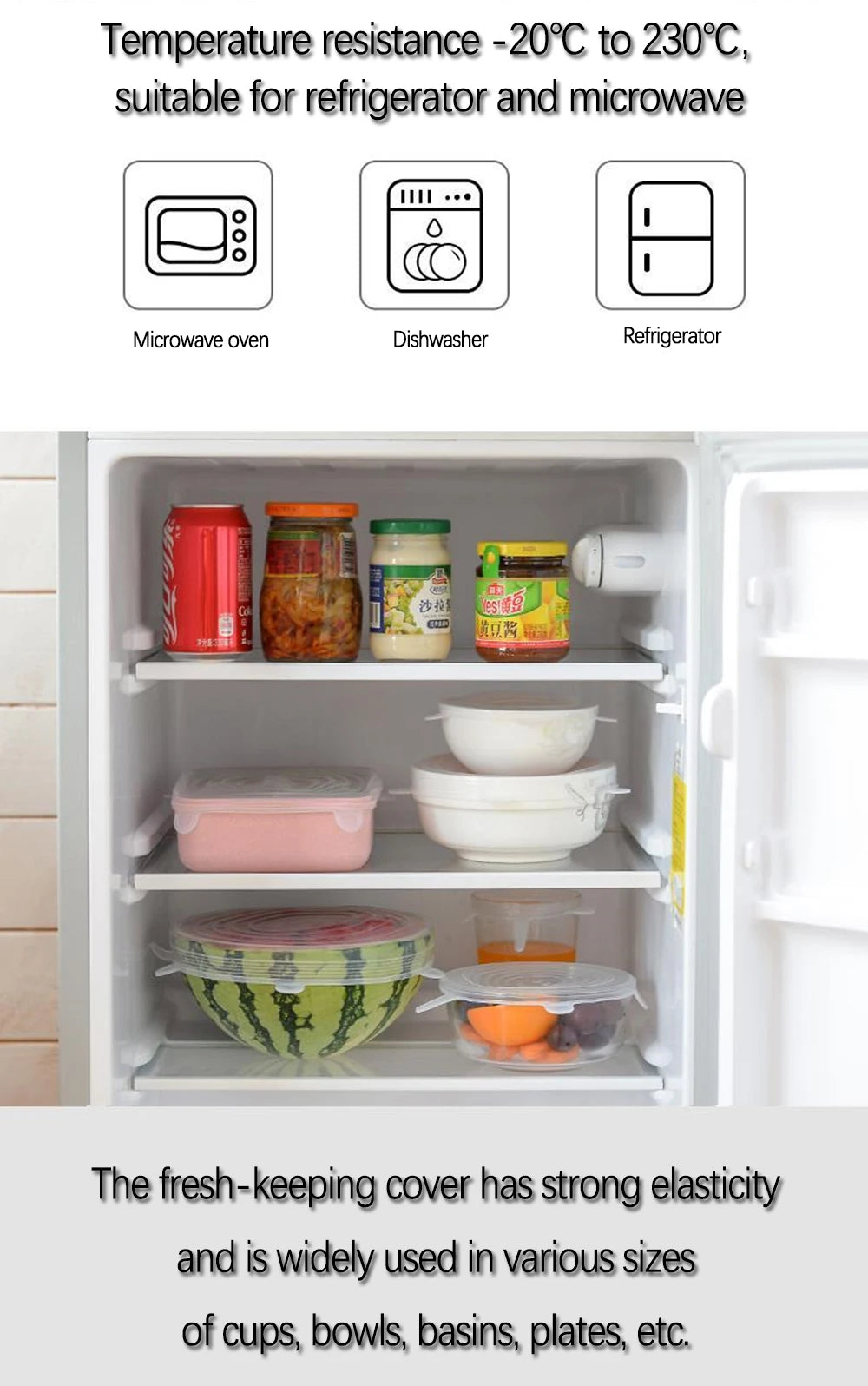 Silicone cover and stretch lids for cover all kind of food and keep it fresh, after using just clean and reused. 
Choose between many different sizes and colors.