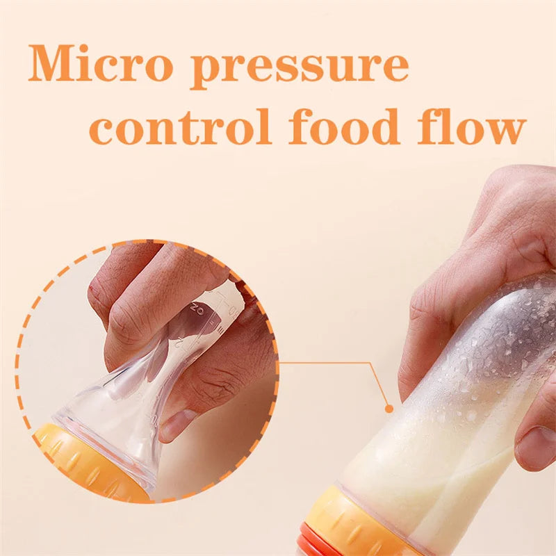 Safe useful silicone bottle with spoon to give your baby more tastes from fruits or food.