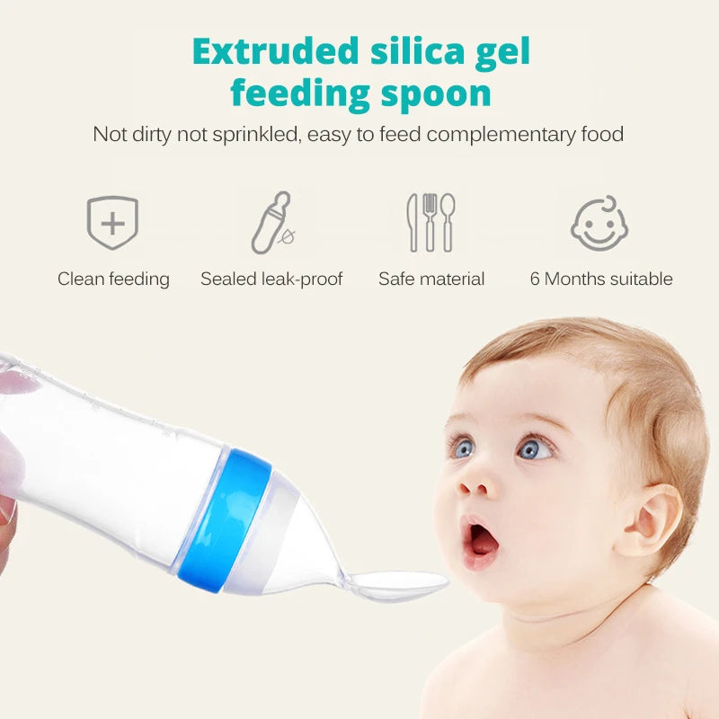 Safe useful silicone bottle with spoon to give your baby more tastes from fruits or food.