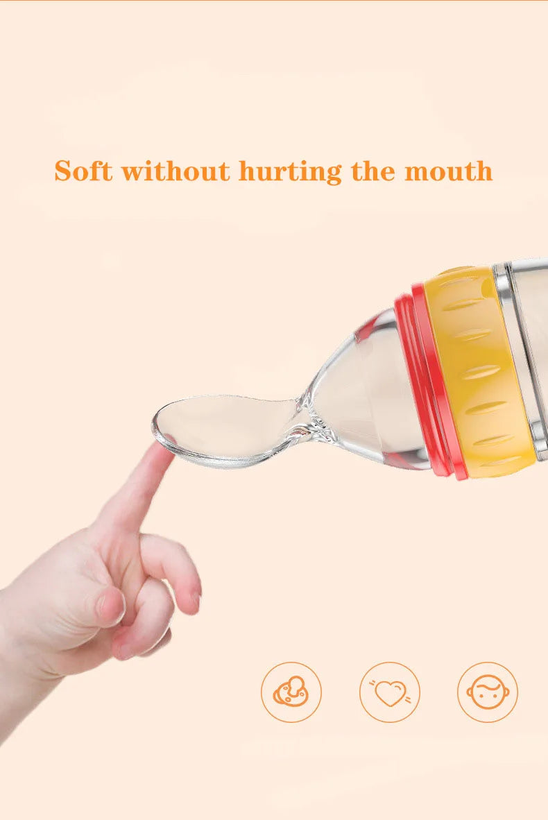 Safe useful silicone bottle with spoon to give your baby more tastes from fruits or food.