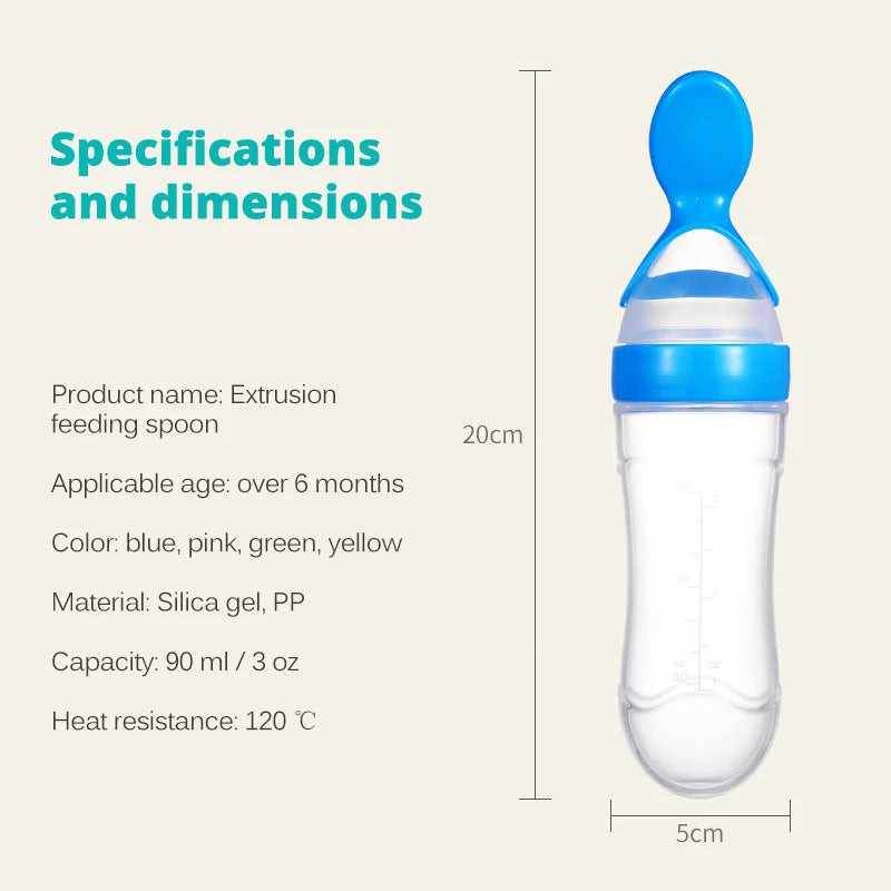 Safe useful silicone bottle with spoon to give your baby more tastes from fruits or food.