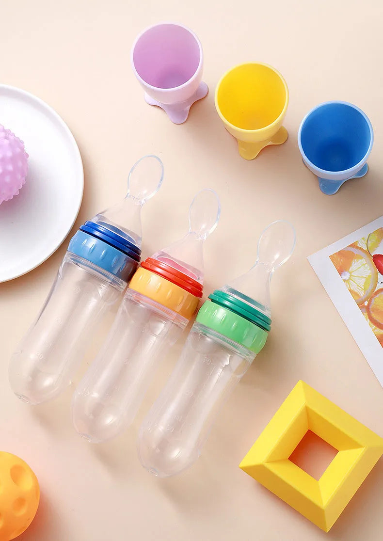 Safe useful silicone bottle with spoon to give your baby more tastes from fruits or food.