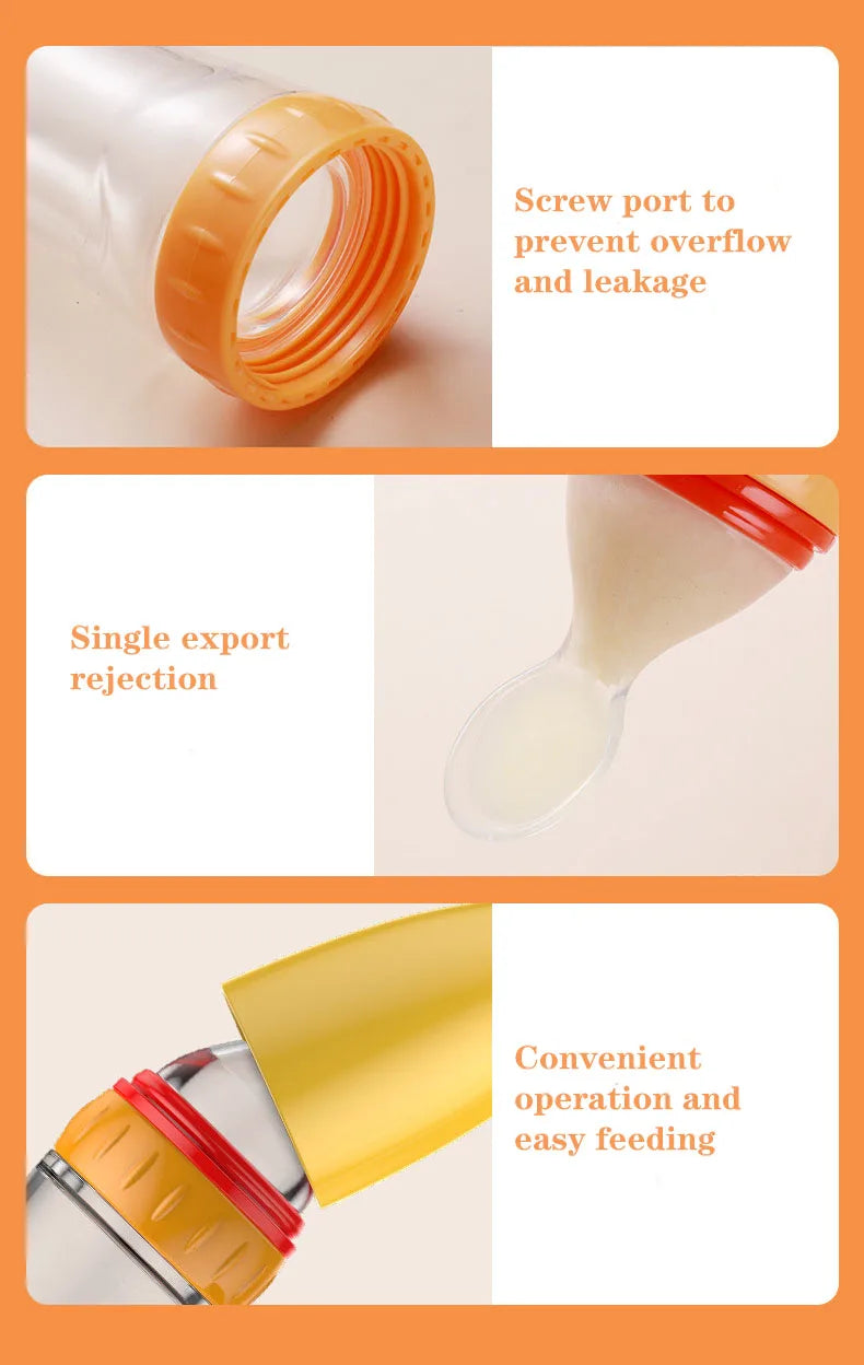 Safe useful silicone bottle with spoon to give your baby more tastes from fruits or food.