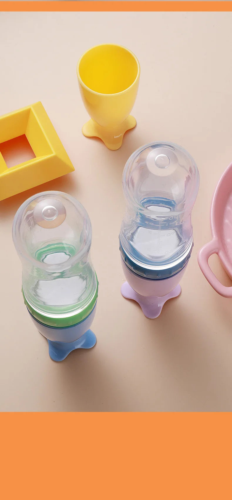 Safe useful silicone bottle with spoon to give your baby more tastes from fruits or food.