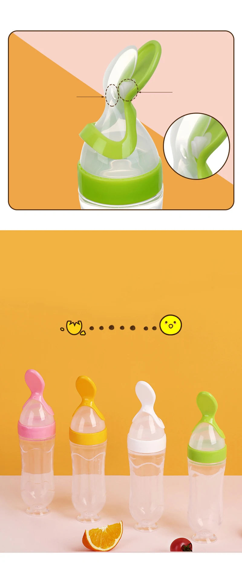 Safe useful silicone bottle with spoon to give your baby more tastes from fruits or food.