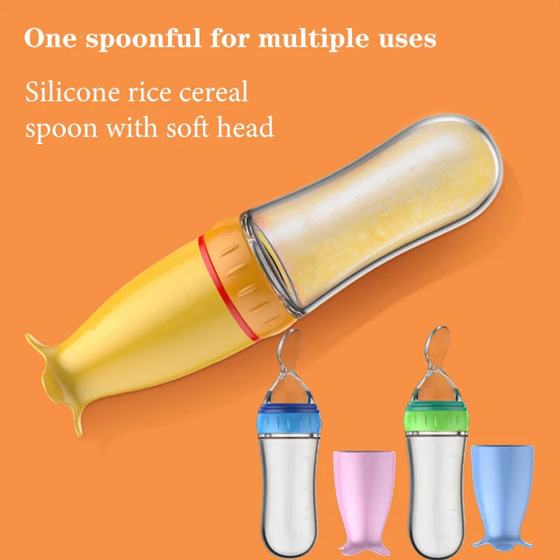 Safe useful silicone bottle with spoon to give your baby more tastes from fruits or food.