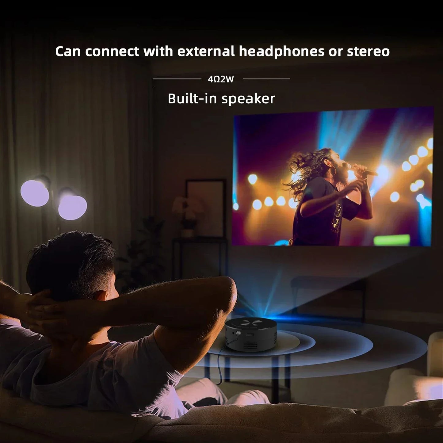 Mini home projector, 180°flexible projection 1080P with USB supports and smartphone screen.
Take the cinema home!