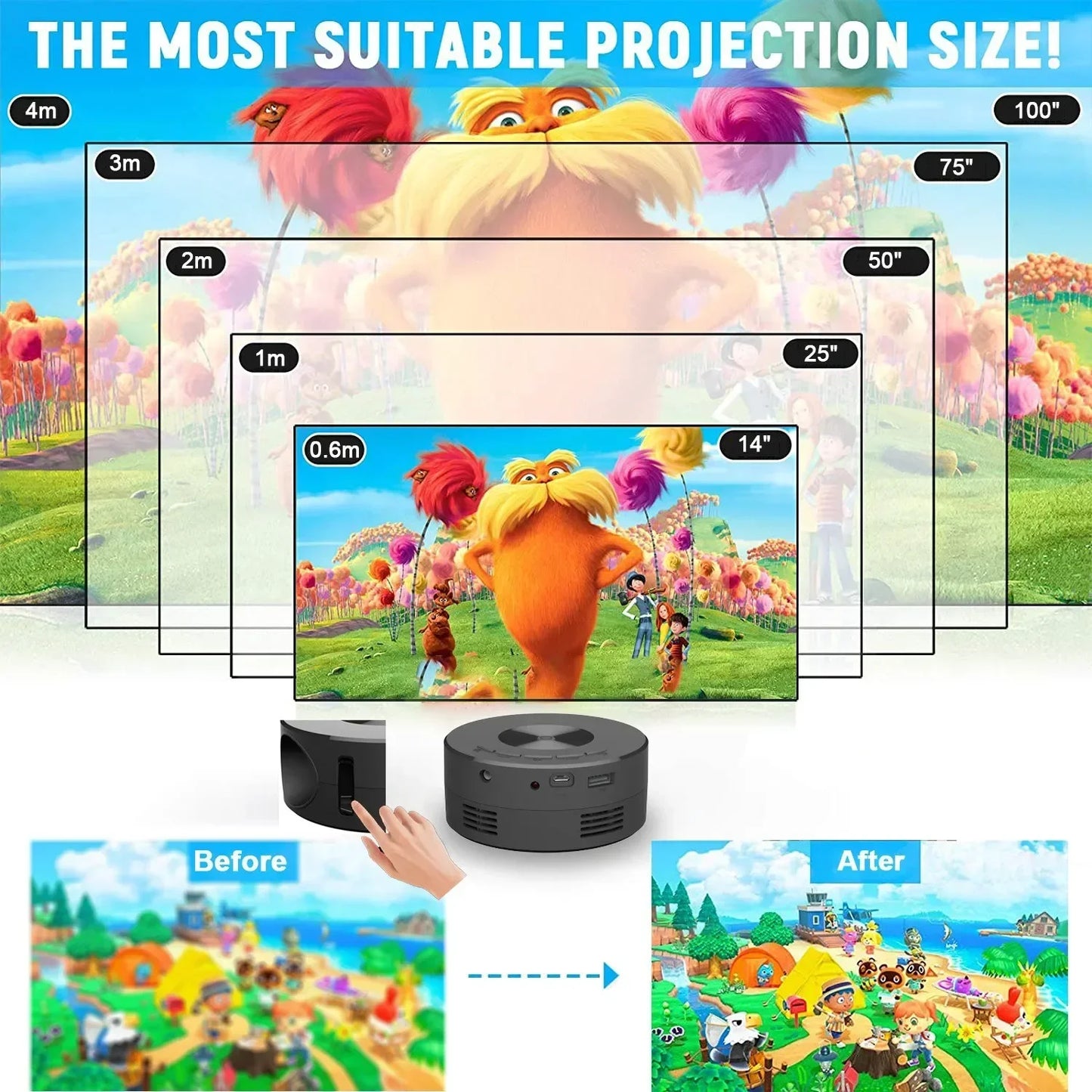 Mini home projector, 180°flexible projection 1080P with USB supports and smartphone screen.
Take the cinema home!