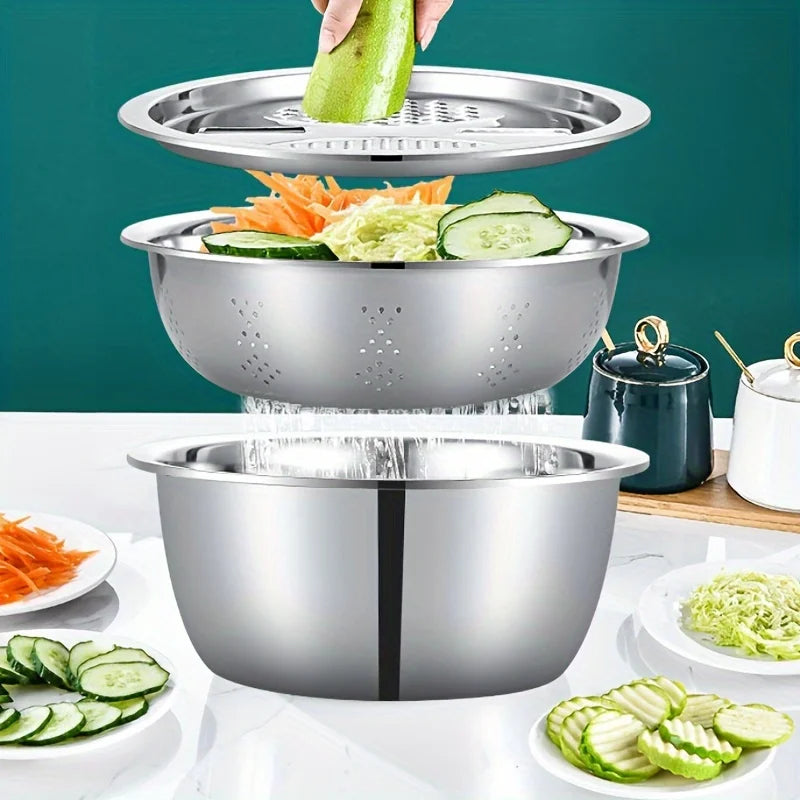 Stainless steel set with integrated grinder, strainer and bowl. 
Perfect with all in one, slicing, cleaning and put in your bowl for sallad, fruit and food prepear.