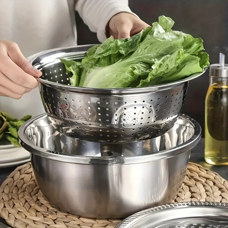 Stainless steel set with integrated grinder, strainer and bowl. 
Perfect with all in one, slicing, cleaning and put in your bowl for sallad, fruit and food prepear.