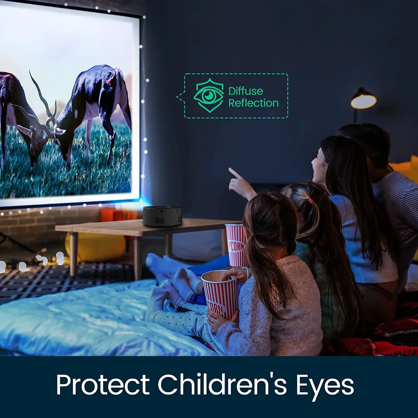 Mini home projector, 180°flexible projection 1080P with USB supports and smartphone screen.
Take the cinema home!