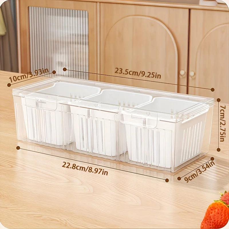 Fruit and vegetable organizer, 3 grids storage for food in fridge or pantry to keep it fresh.
