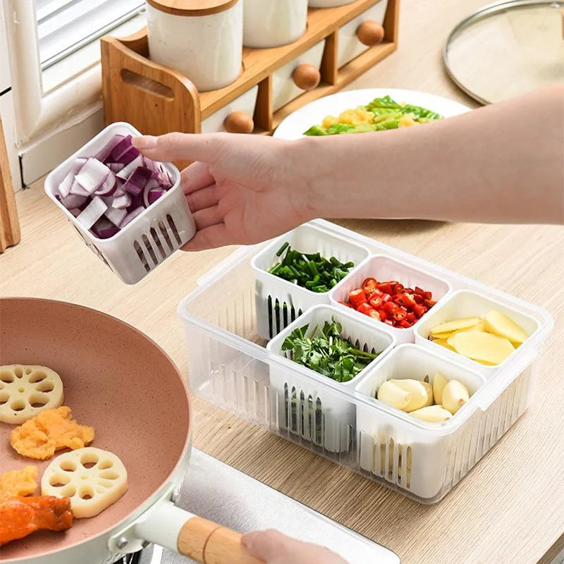 Fruit and vegetable organizer, 6 grids storage to keep food fresh. 
In fridge for fresh food or in pantry for dry food.