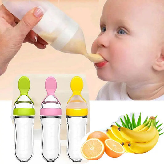Safe useful silicone bottle with spoon to give your baby more tastes from fruits or food.