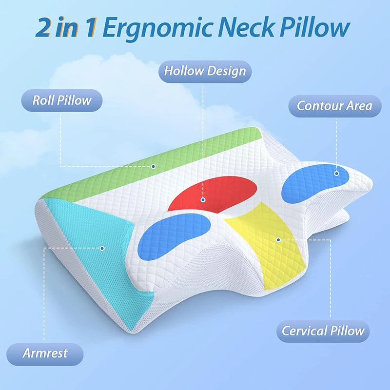 Orthopedic pillow with memory foam, 2 in 1 ergonomic and contour for neck pain.