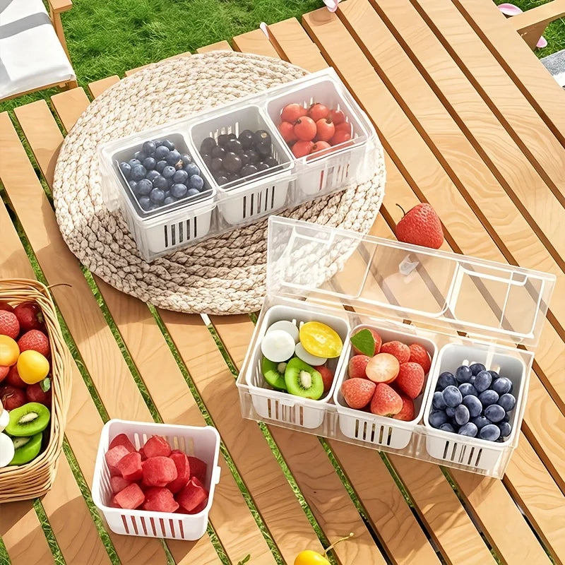 Fruit and vegetable organizer, 3 grids storage for food in fridge or pantry to keep it fresh.