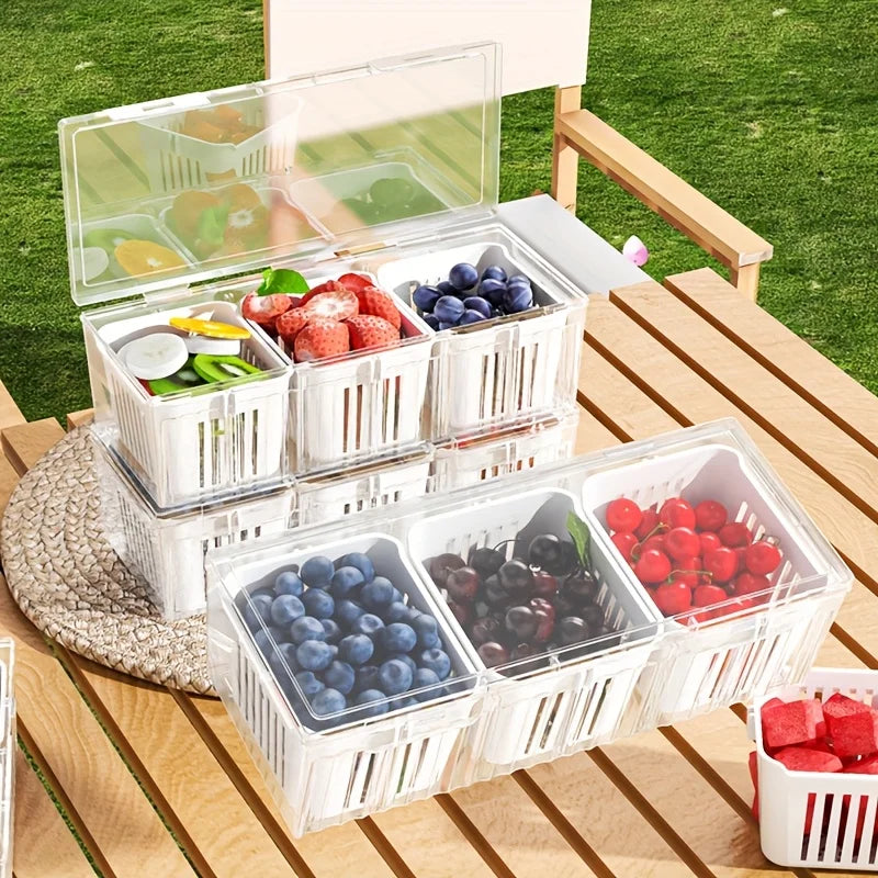 Fruit and vegetable organizer, 3 grids storage for food in fridge or pantry to keep it fresh.