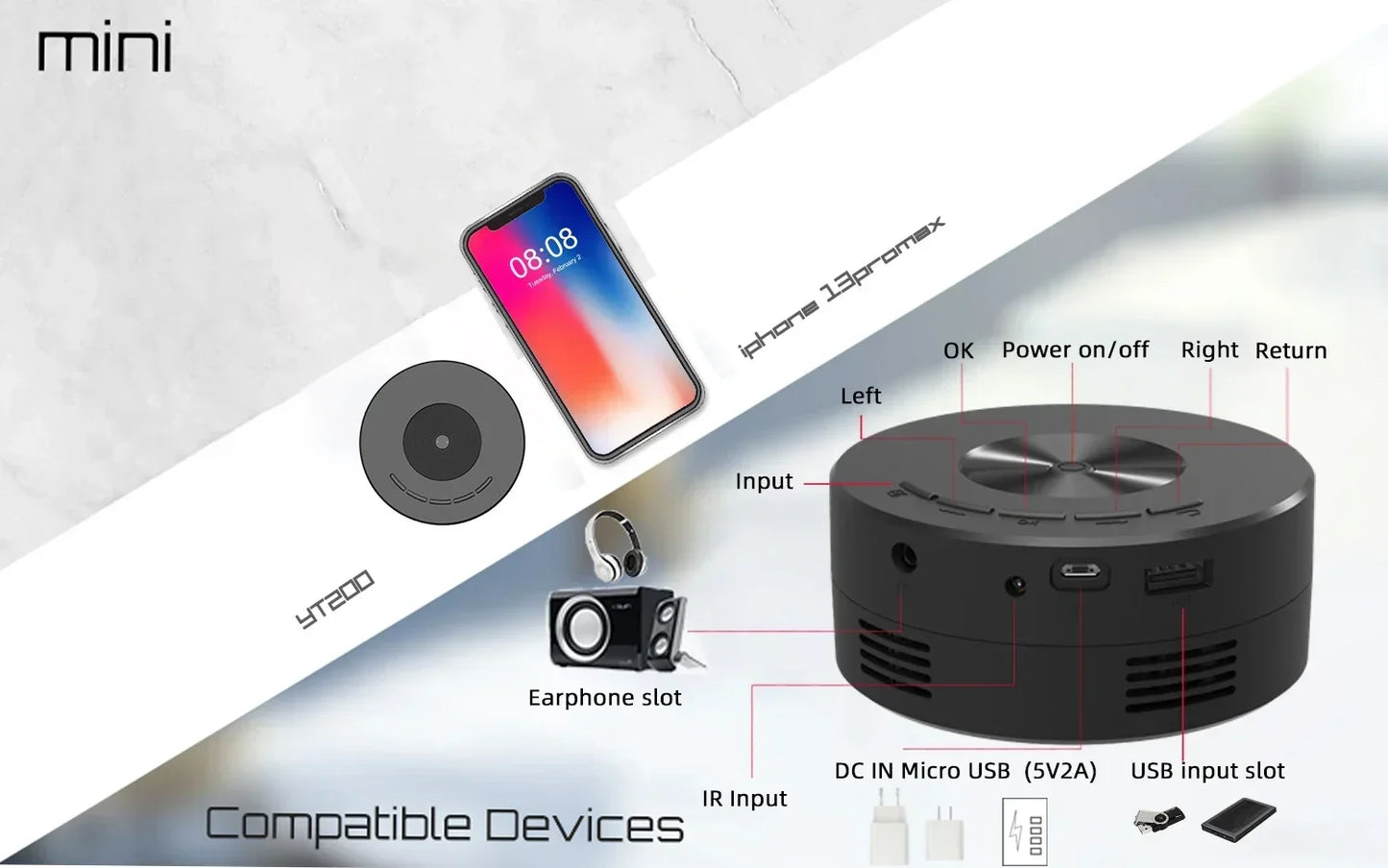 Mini home projector, 180°flexible projection 1080P with USB supports and smartphone screen.
Take the cinema home!