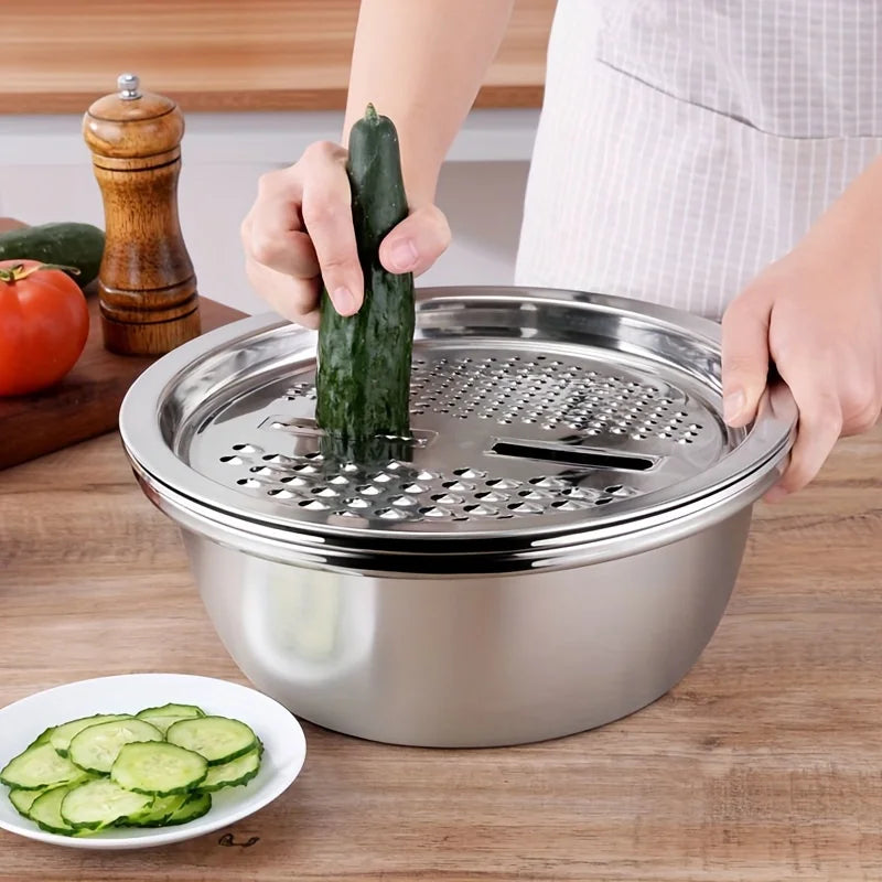 Stainless steel set with integrated grinder, strainer and bowl. 
Perfect with all in one, slicing, cleaning and put in your bowl for sallad, fruit and food prepear.