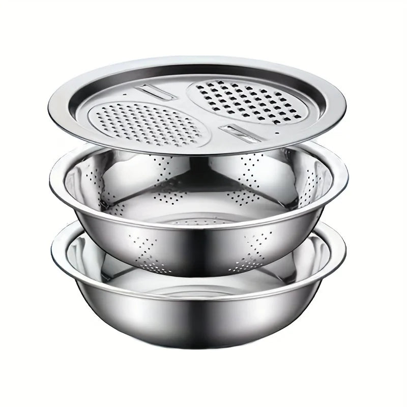 Stainless steel set with integrated grinder, strainer and bowl. 
Perfect with all in one, slicing, cleaning and put in your bowl for sallad, fruit and food prepear.