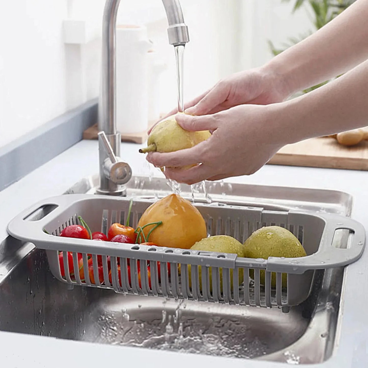 Smart basket for sink in different sizes. Wash vegetables, fruit and all kind of food easily and keep it fresh.