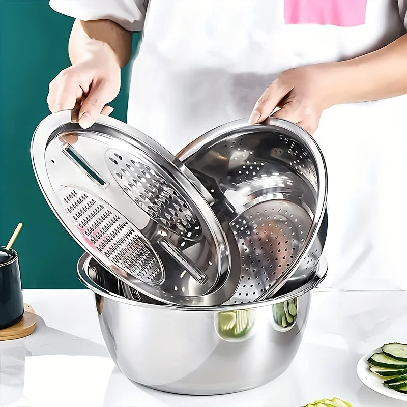 Stainless steel set with integrated grinder, strainer and bowl. 
Perfect with all in one, slicing, cleaning and put in your bowl for sallad, fruit and food prepear.