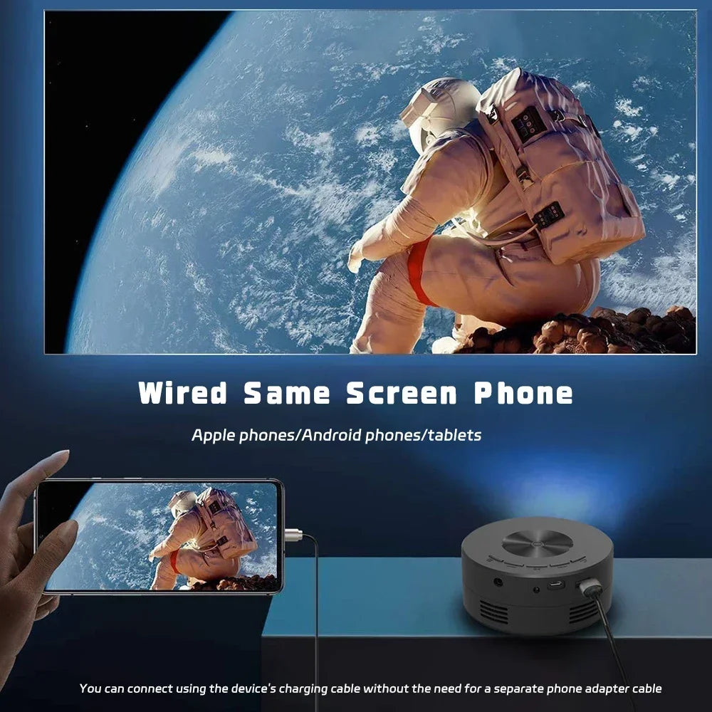 Mini home projector, 180°flexible projection 1080P with USB supports and smartphone screen.
Take the cinema home!