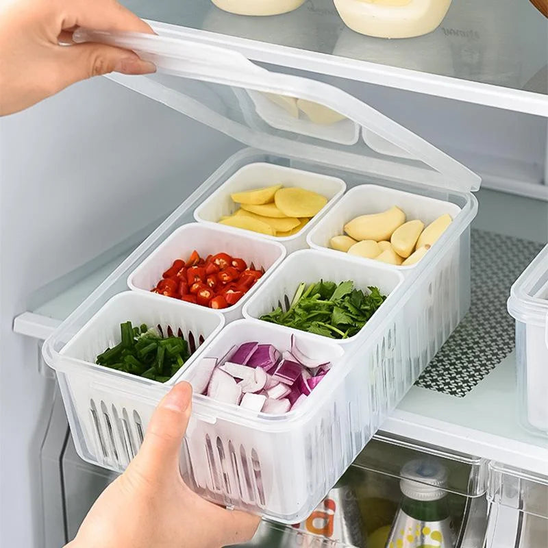 Fruit and vegetable organizer, 6 grids storage to keep food fresh. 
In fridge for fresh food or in pantry for dry food.