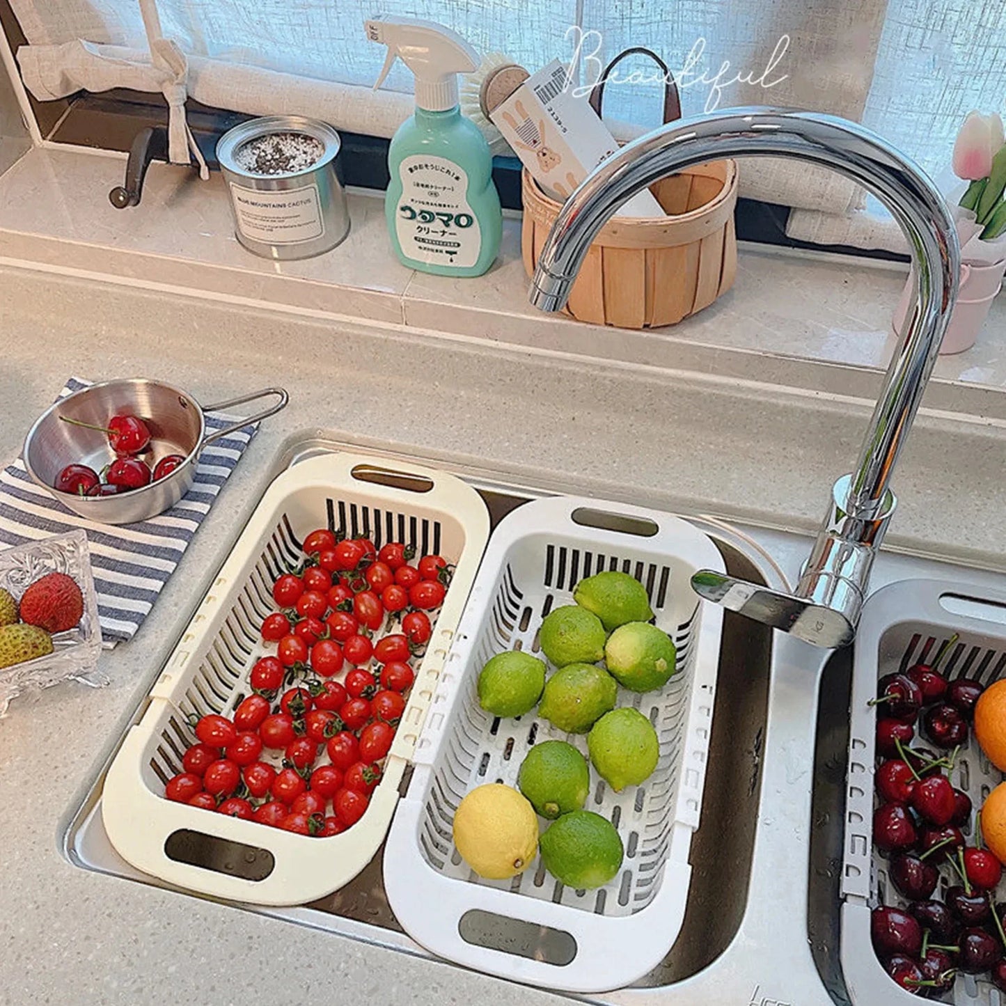 Smart basket for sink in different sizes. Wash vegetables, fruit and all kind of food easily and keep it fresh.