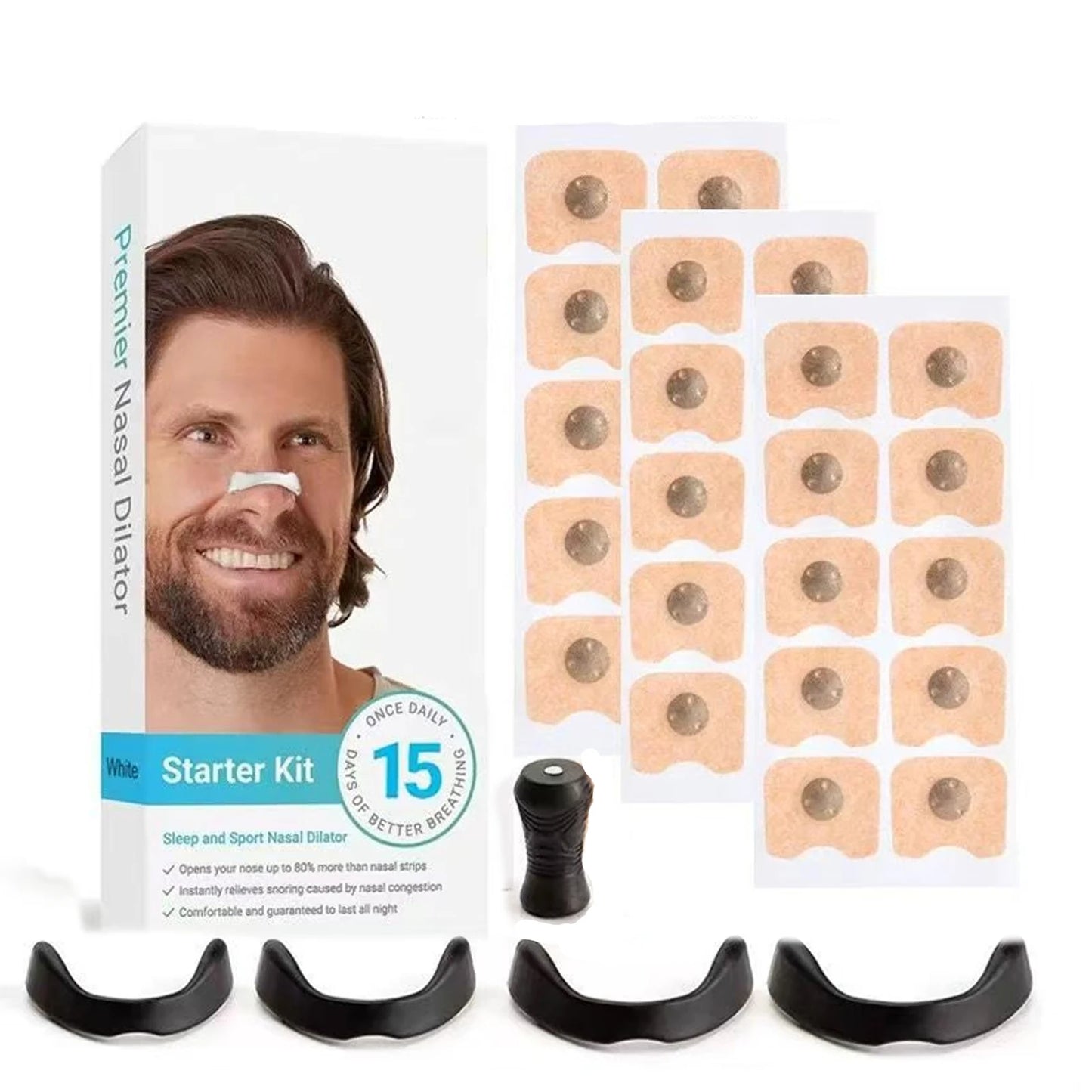 Nasal breathing kits for better sleep without snore. Its a magnetic clip what keep your nose more open to breath during your sleeping or running.