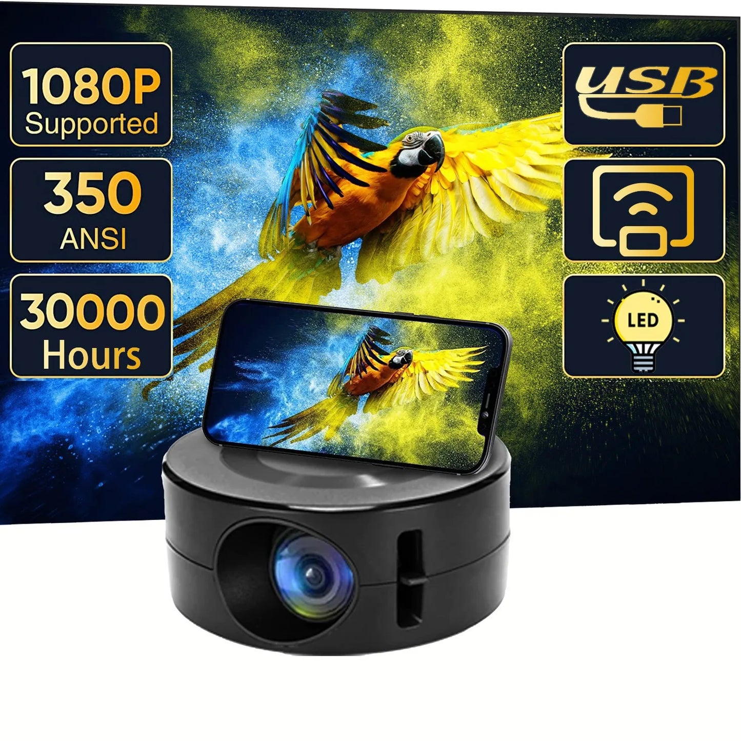 Mini home projector, 180°flexible projection 1080P with USB supports and smartphone screen.
Take the cinema home!
