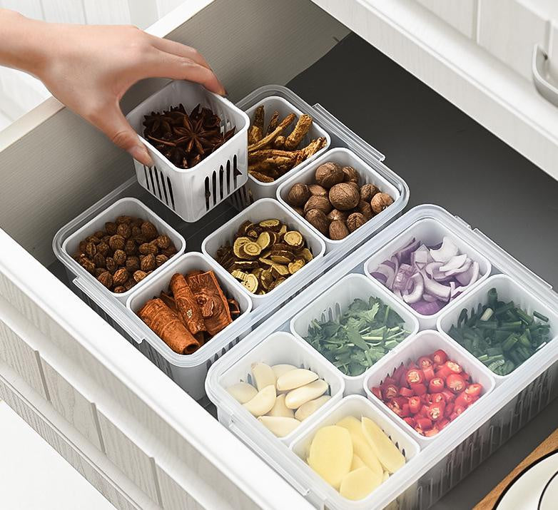 Fruit and vegetable organizer, 6 grids storage to keep food fresh. 
In fridge for fresh food or in pantry for dry food.