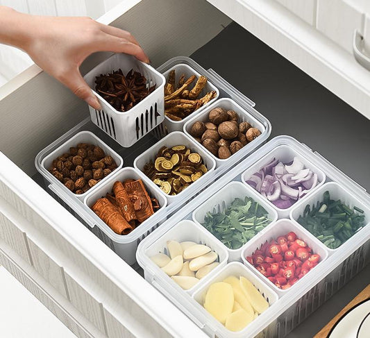 Fruit and vegetable organizer, 6 grids storage to keep food fresh. 
In fridge for fresh food or in pantry for dry food.