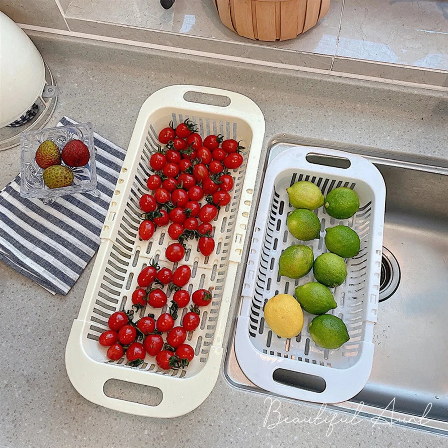Smart basket for sink in different sizes. Wash vegetables, fruit and all kind of food easily and keep it fresh.