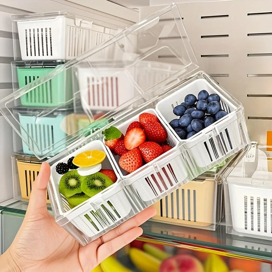 Fruit and vegetable organizer, 3 grids storage for food in fridge or pantry to keep it fresh.