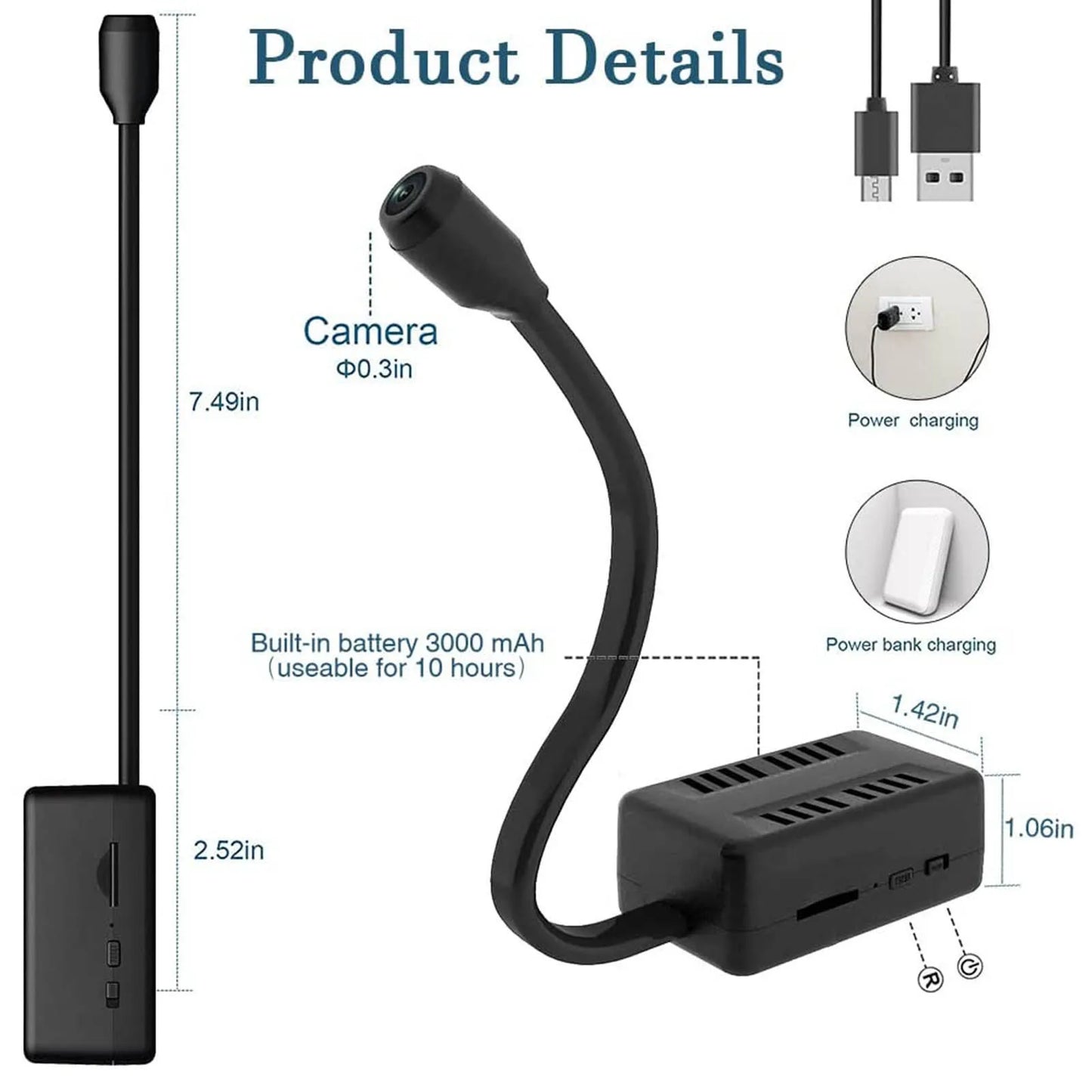 Mini WIFI camera, HD 1080P X7 with small adjustable snake lens, perfect for home use.