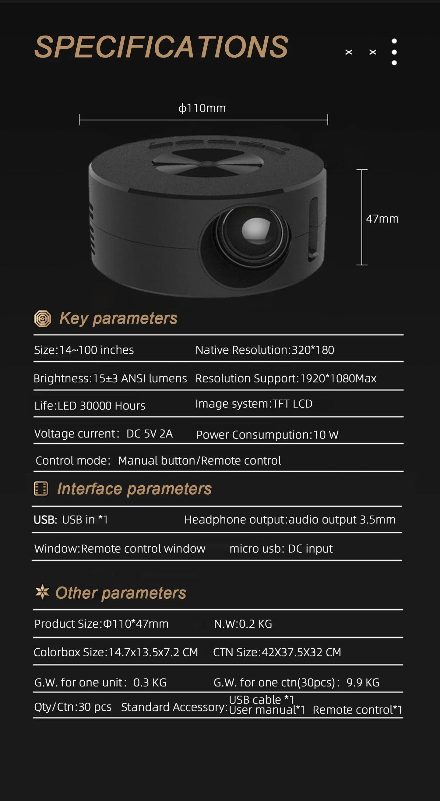 Mini home projector, 180°flexible projection 1080P with USB supports and smartphone screen.
Take the cinema home!