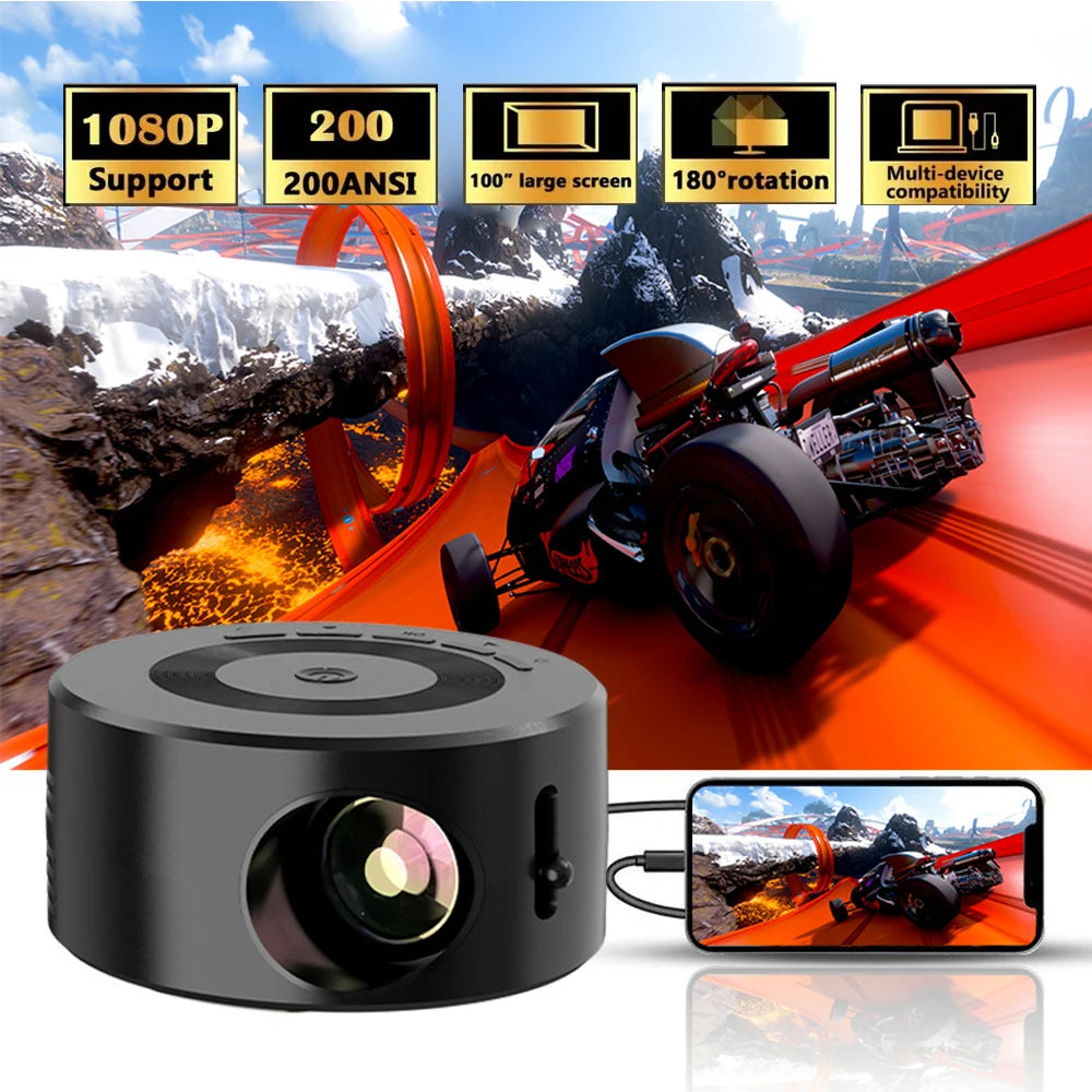 Mini home projector, 180°flexible projection 1080P with USB supports and smartphone screen.
Take the cinema home!