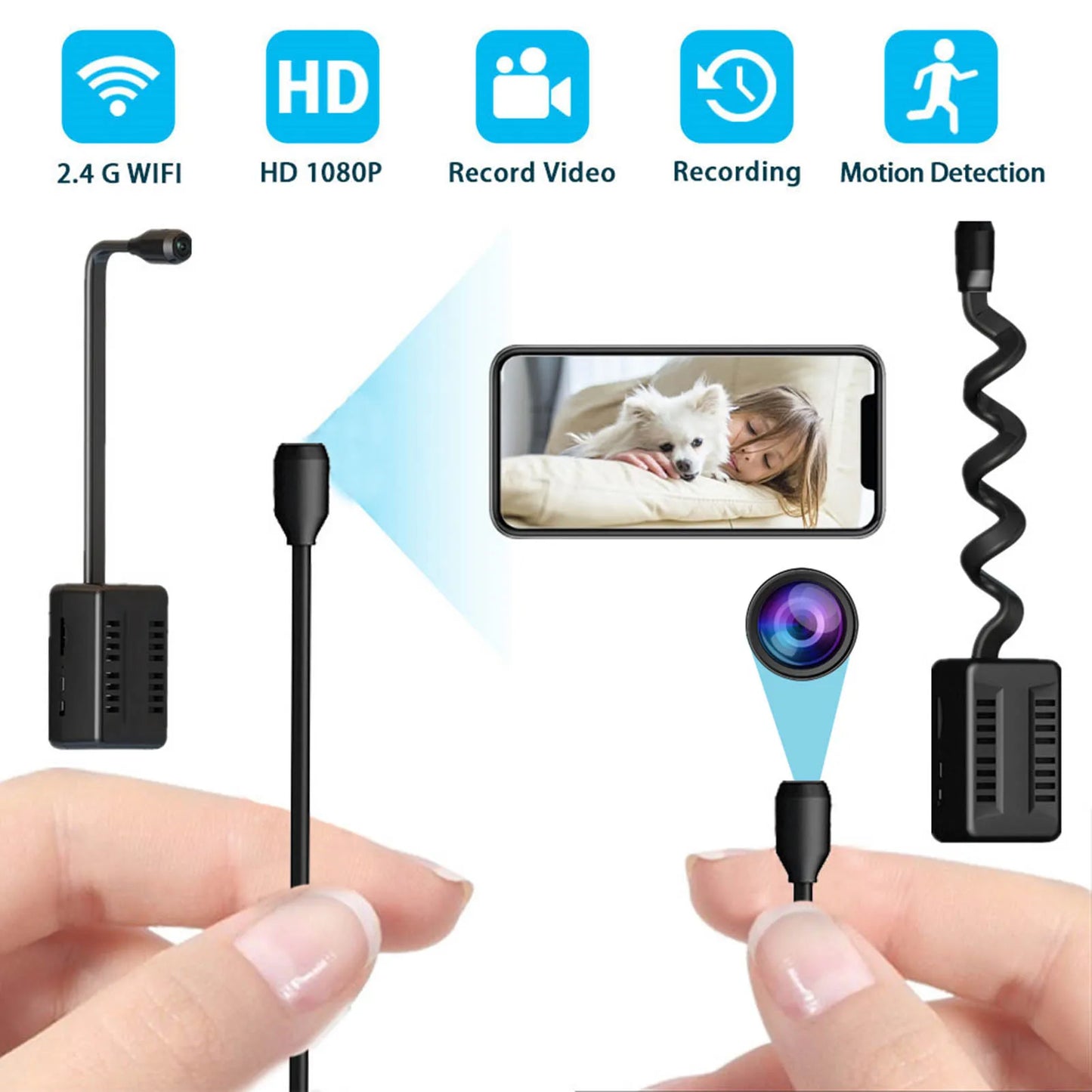 Mini WIFI camera, HD 1080P X7 with small adjustable snake lens, perfect for home use.