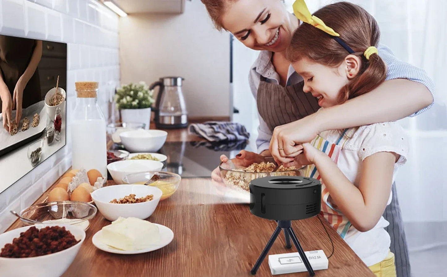 Mini home projector, 180°flexible projection 1080P with USB supports and smartphone screen.
Take the cinema home!