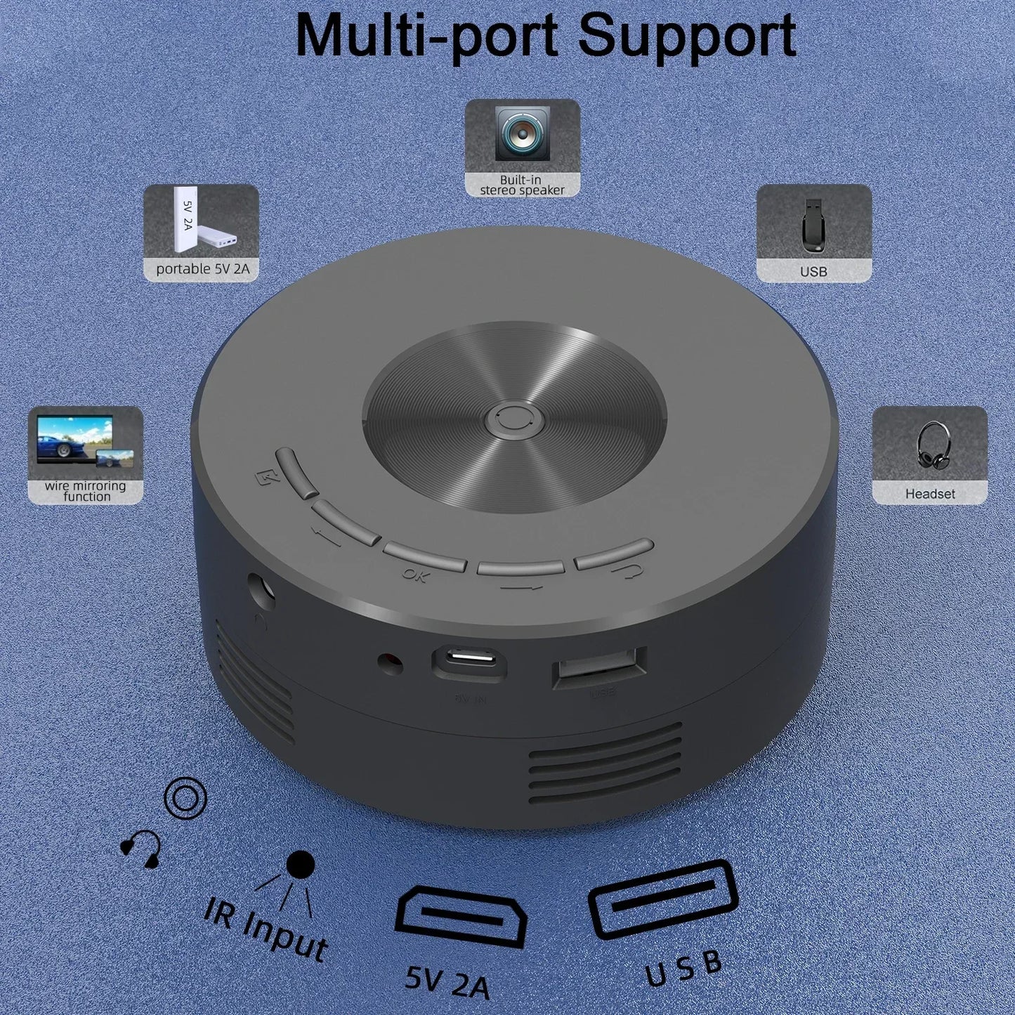 Mini home projector, 180°flexible projection 1080P with USB supports and smartphone screen.
Take the cinema home!