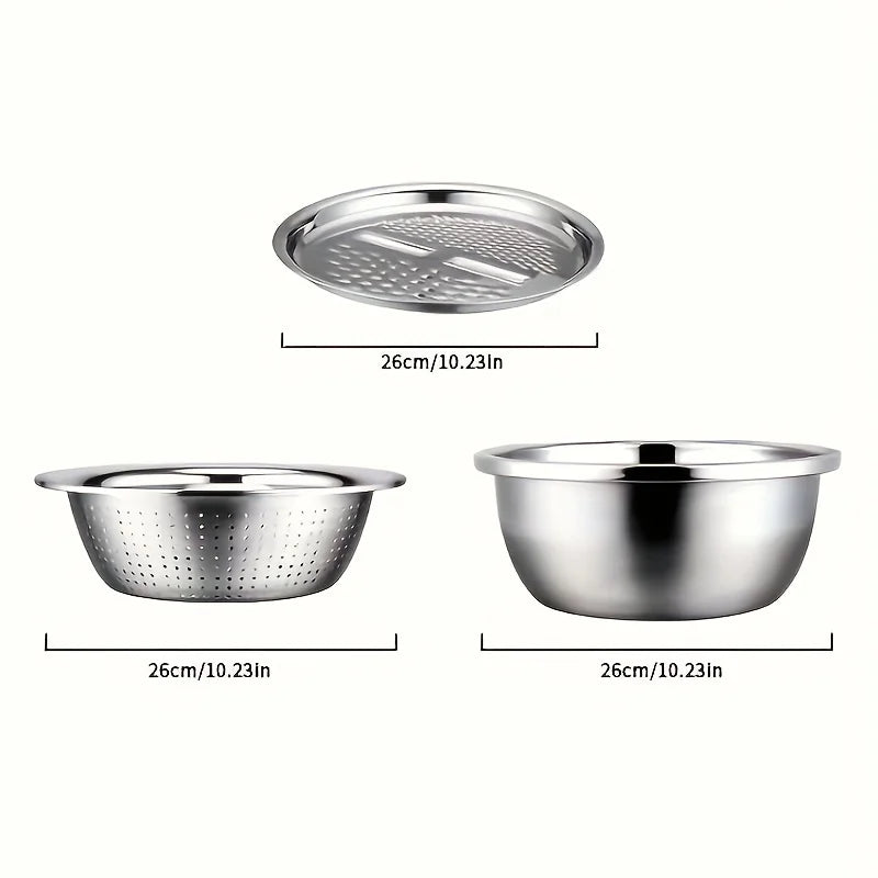 Stainless steel set with integrated grinder, strainer and bowl. 
Perfect with all in one, slicing, cleaning and put in your bowl for sallad, fruit and food prepear.
